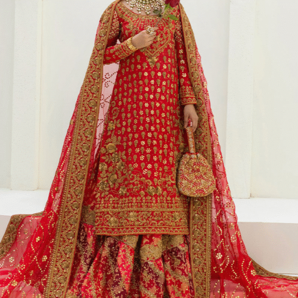Red classic kora dabka Bridal lehenga