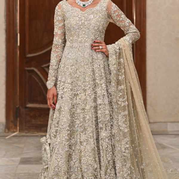 silver dabka rich hand embroidery bridal  kalidaar lehenga