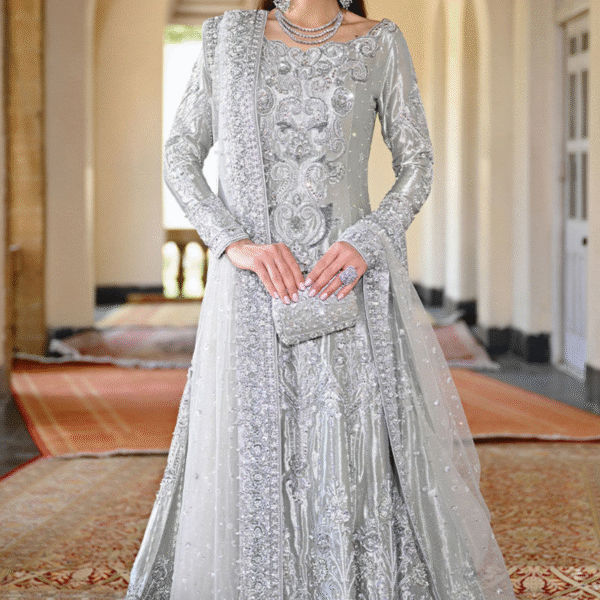 Silver Handwork kora dabka zari stich bridal suit