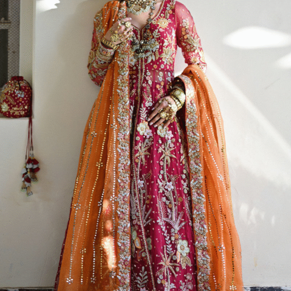 Magenta Raw Silk and Lama Handwork bridal lehenga