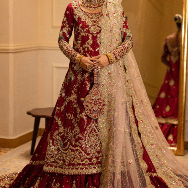 Ruby Red Raw Silk hand embroidery bridal  farshi lehnga